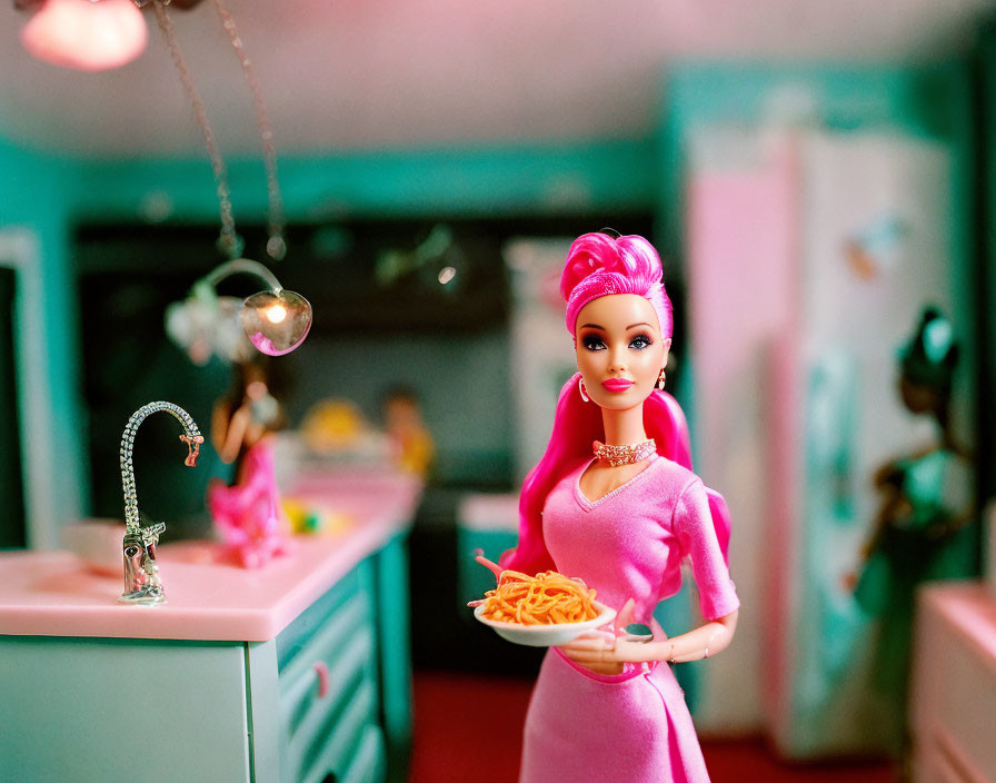 Pink-haired Barbie doll in colorful kitchen with spaghetti plate