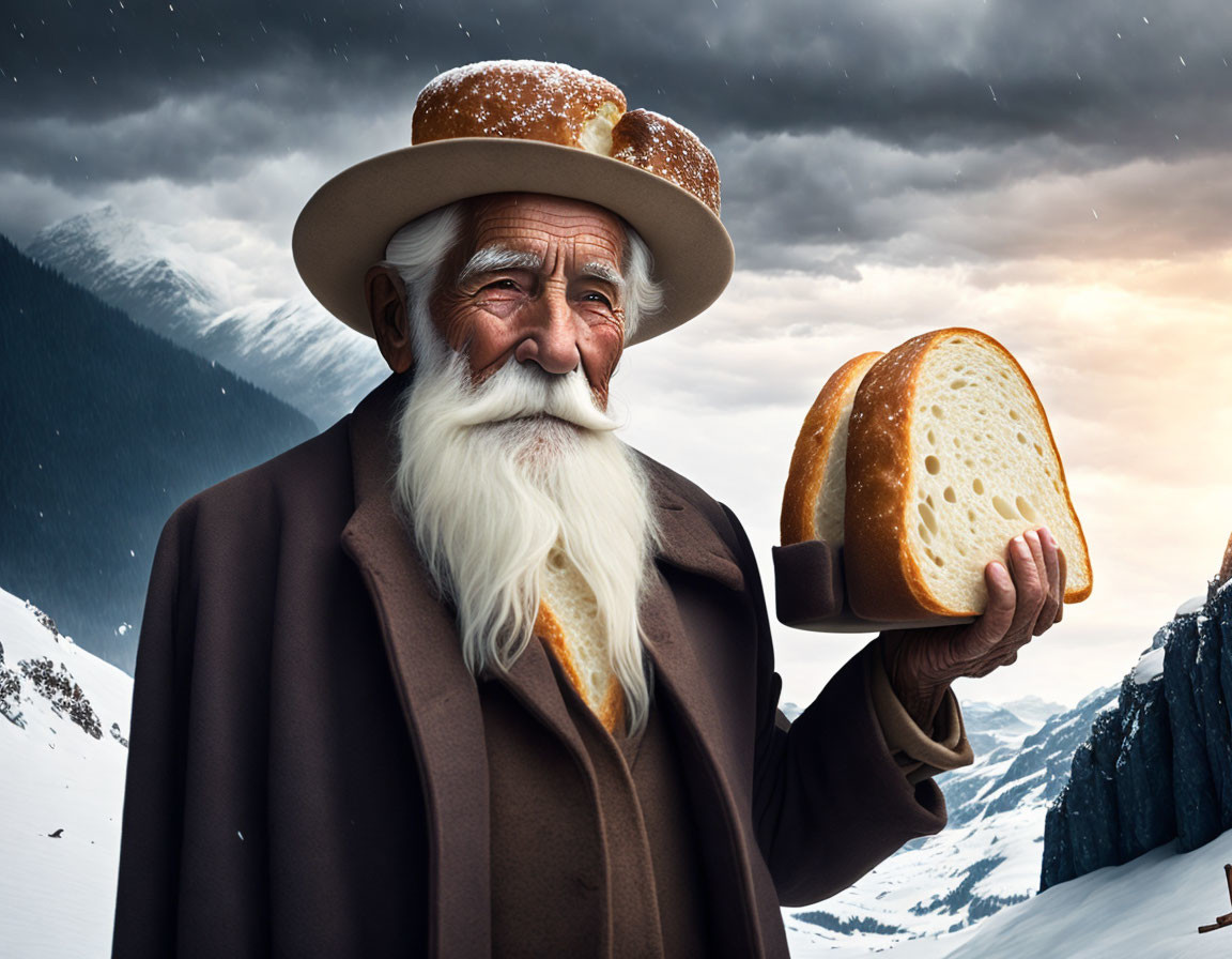 Elderly man with white beard in bread hat, holding bread, snowy mountains.