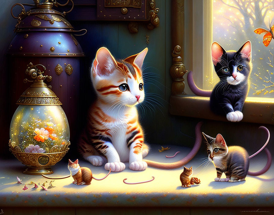 Two kittens with miniature versions in whimsical lamp scene