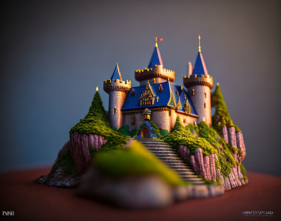 Miniature fairy tale castle on green hill with towers and flags