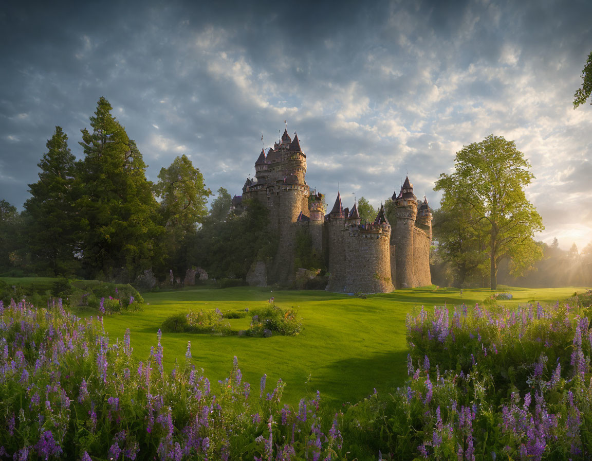 Medieval castle with tall spires in lush greenery and purple flowers