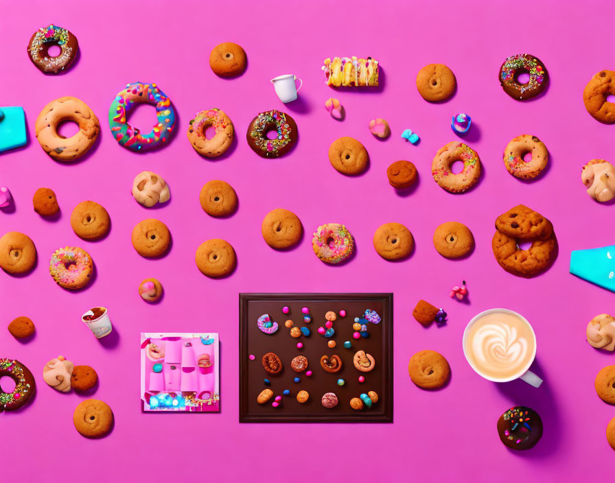 Assorted cookies, donuts, and sweets on pink surface with heart-shaped latte art and candy