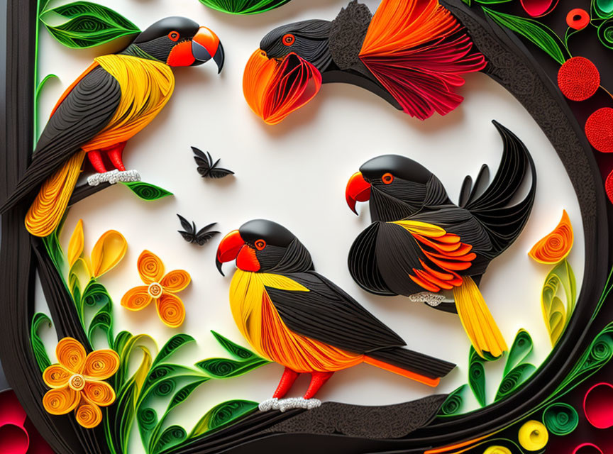 Vibrant quilled paper art of birds and foliage on white background