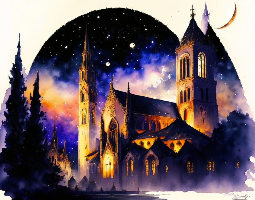 Gothic Cathedral Silhouette in Cosmic Sky Watercolor Art