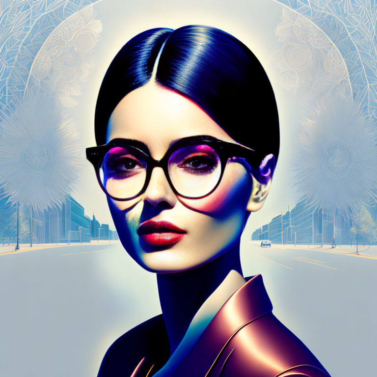 Stylized woman with sleek hair and large glasses in futuristic cityscape.