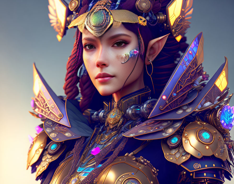 Fantasy female character with elf-like ears in golden armor and braided hair