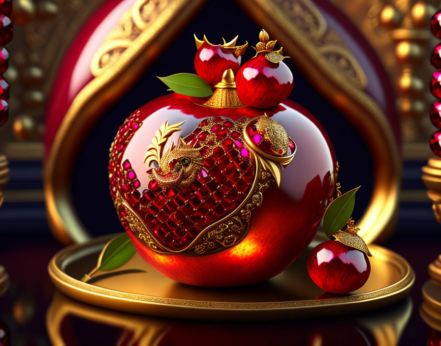 Golden Dragon-Designed Pomegranate Ornament on Luxurious Pedestal