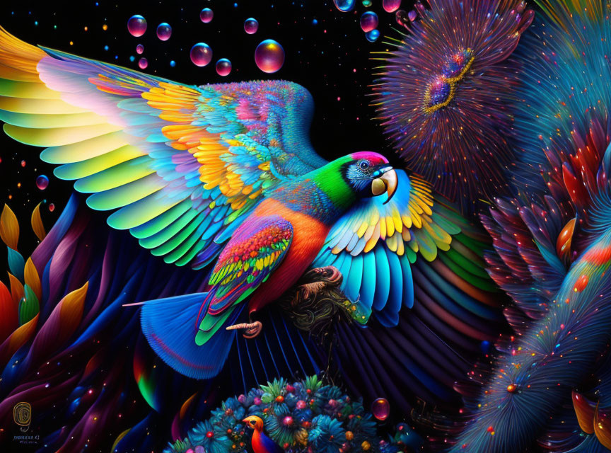 Colorful Parrot in Flight Amid Fantastical Cosmic Scene