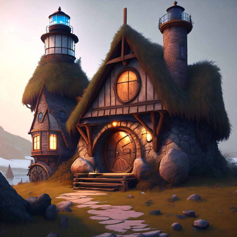 Thatch-Roofed House with Lighthouse-Like Towers in Twilight Landscape