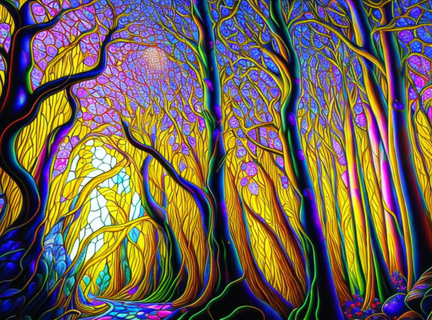 Colorful Stylized Forest with Luminous Trees and Mosaic Canopy