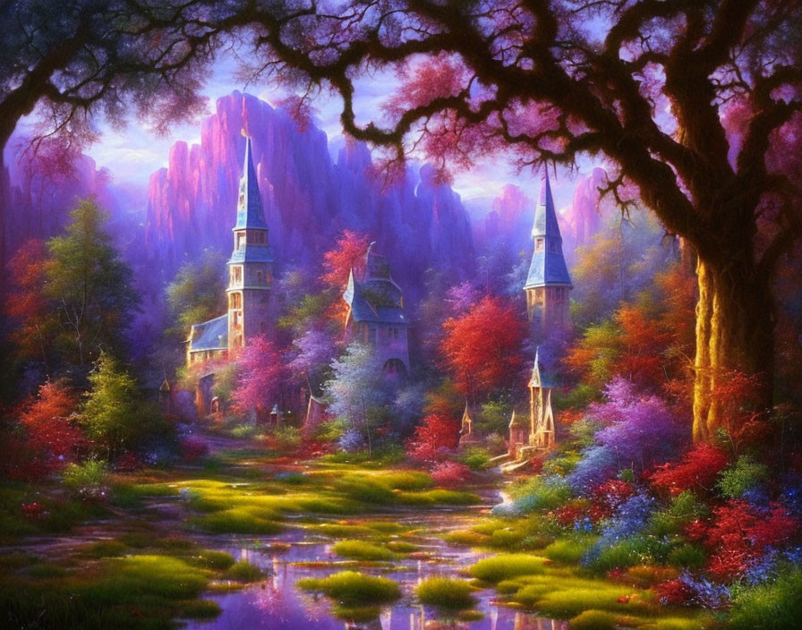 Enchanting fantasy landscape with castle, gardens, river, and tree