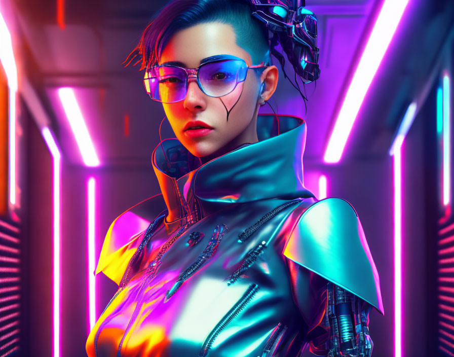 Futuristic woman with cybernetic enhancements in neon-lit corridor