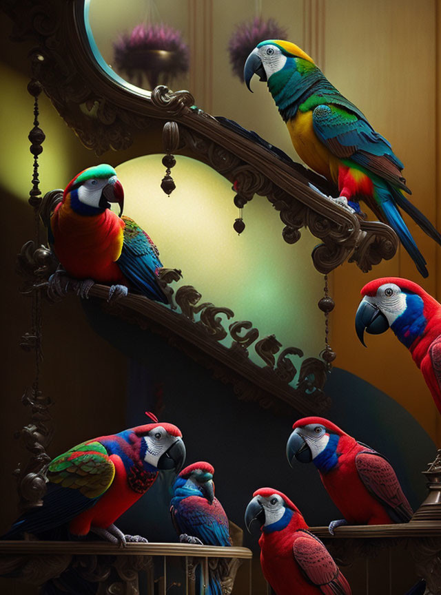 Colorful Macaws Around Elegant Mirror in Warmly Lit Room