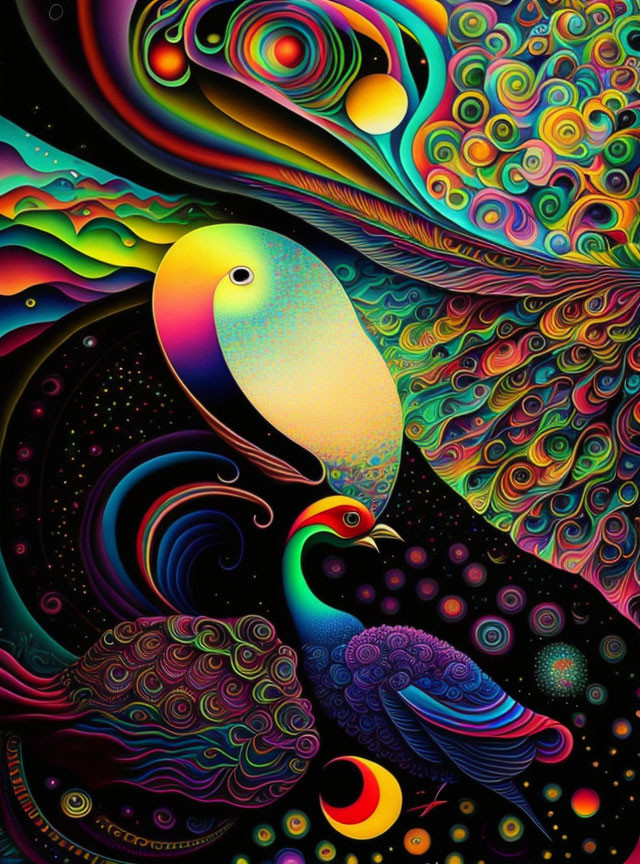 Colorful psychedelic illustration with abstract patterns and birds