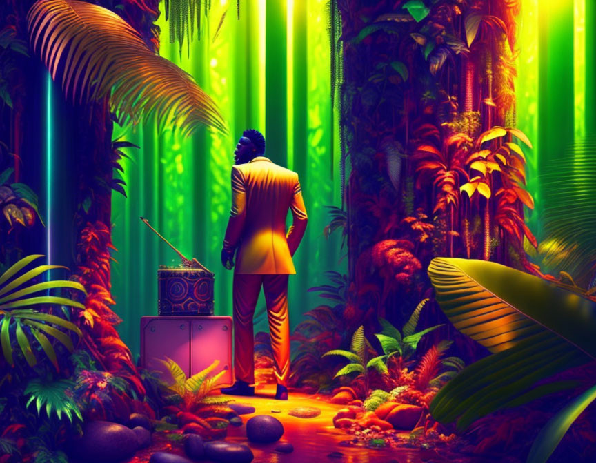 Person in Yellow Suit in Neon-Lit Jungle with Vintage Radio and Suitcase