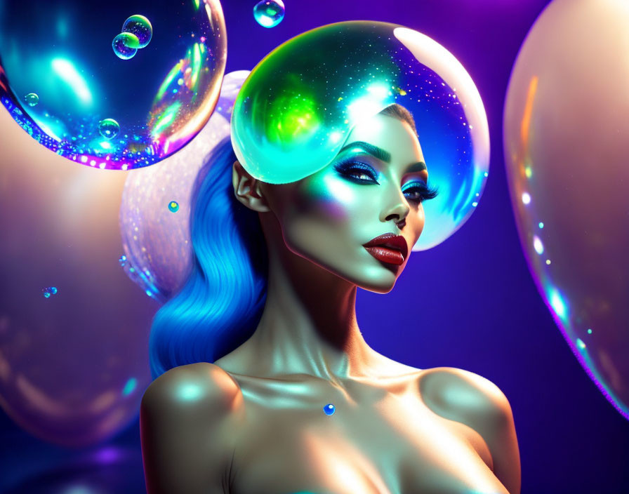 Colorful portrait of woman with glowing skin and blue hair amid iridescent bubbles on blue-purple background