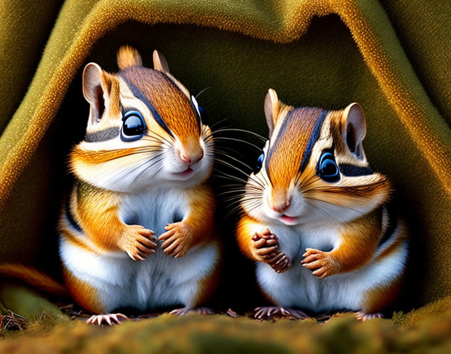 Two chipmunks with full cheeks in cozy blanket sharing a moment.