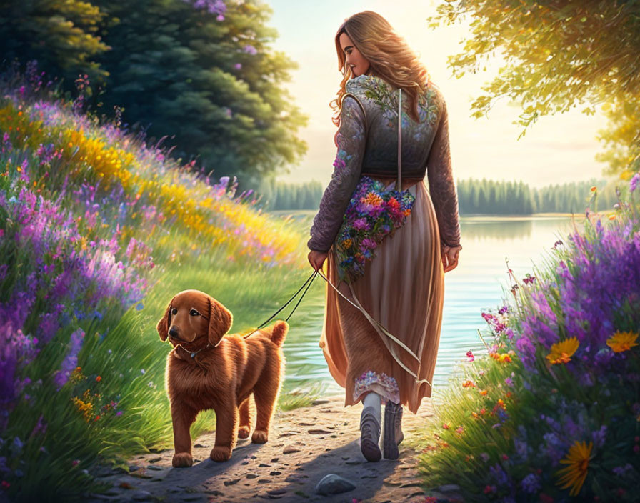 Woman in vintage dress walks golden retriever puppy by lake at sunset