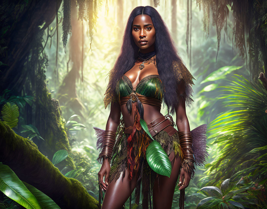 Woman in forest-themed attire surrounded by lush greenery and sunlight.