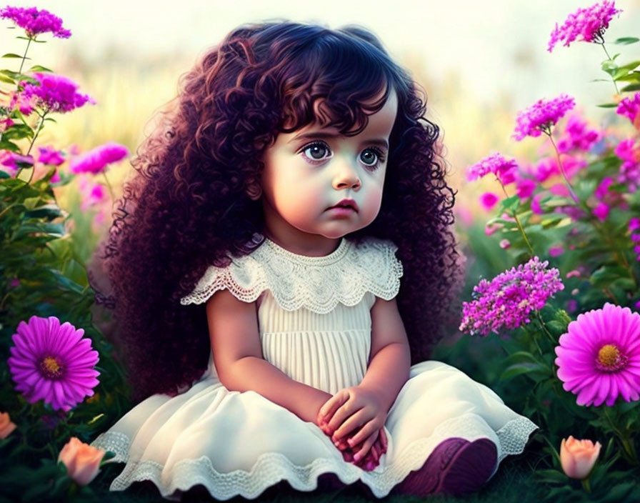 Young girl with curly hair in white dress among pink flowers