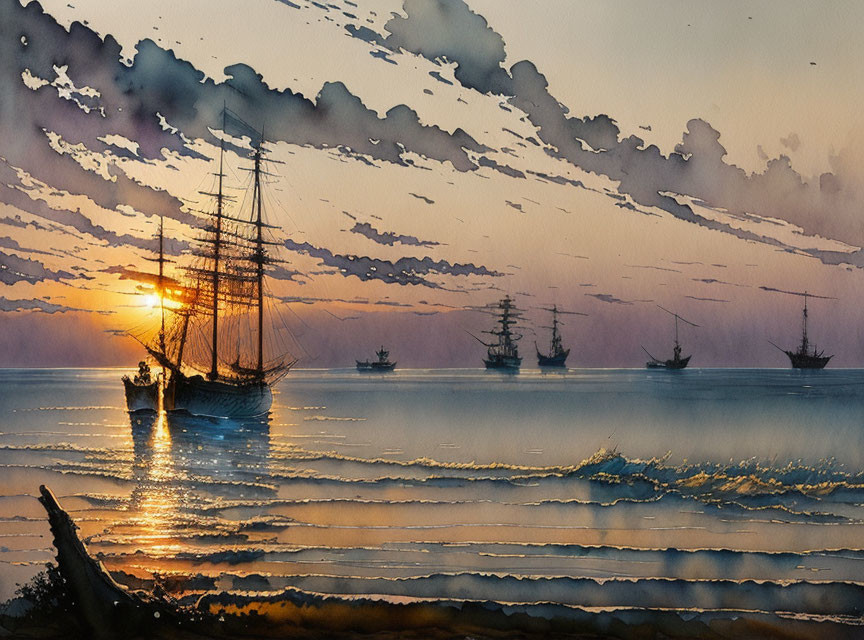 Tranquil sunset watercolor painting of sailing ships on sea