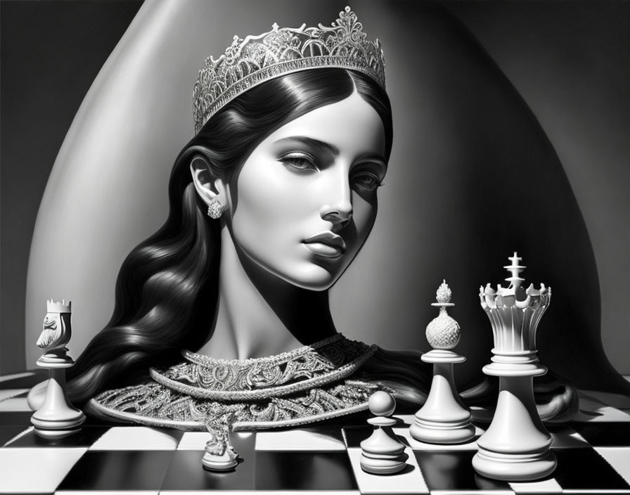 Monochrome art: Woman with chess queen crown and pieces