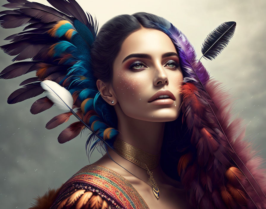 Colorful Feather Headdress Adorns Woman with Elegant Makeup and Jewelry