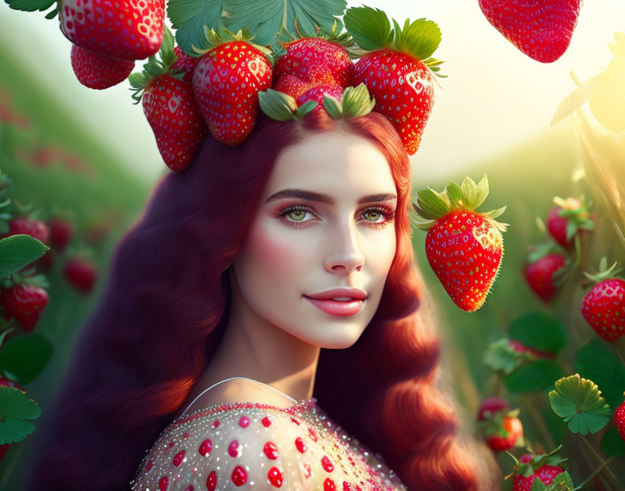 Surreal portrait of woman with strawberry-themed hair in dreamlike strawberry setting