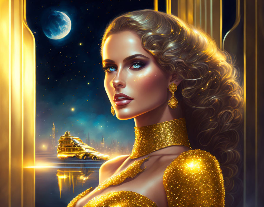 Digital art portrait of woman in golden attire with futuristic cityscape view.