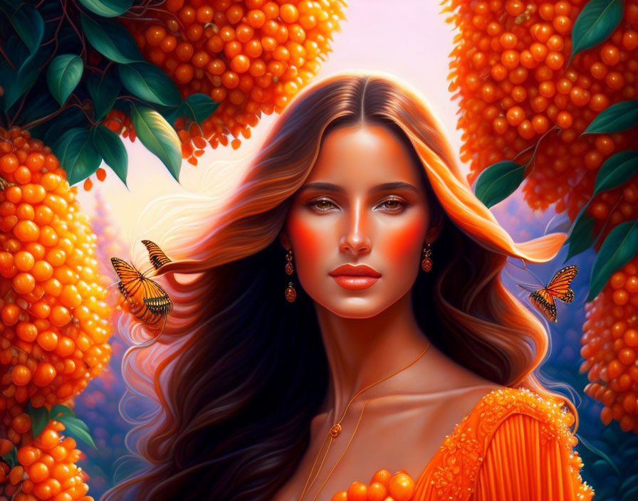 Digital painting: Woman with flowing hair in orange blossoms and butterflies