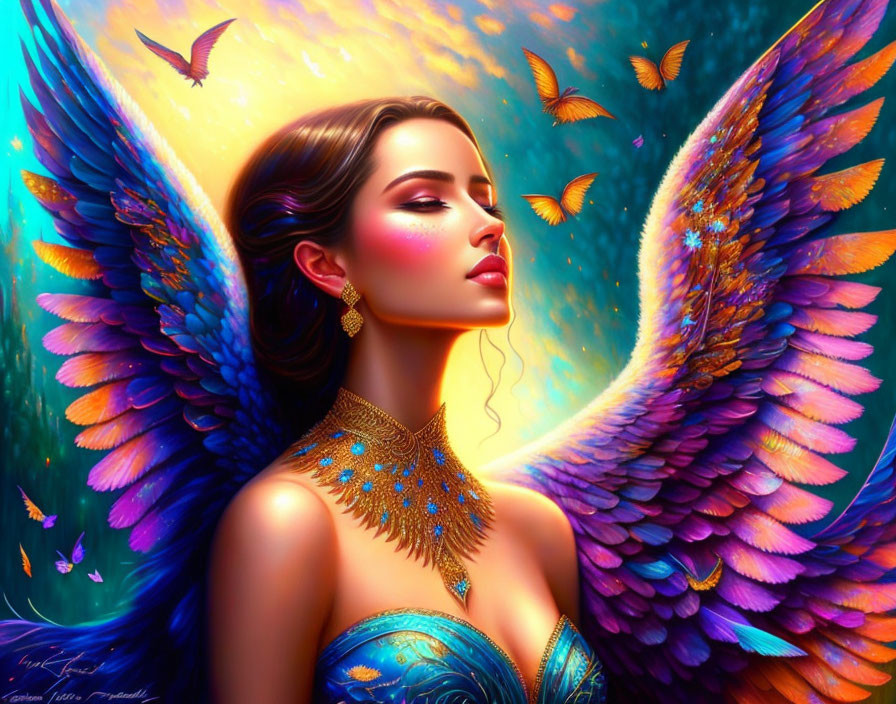 Fantasy illustration: woman with bird wings, feathered jewelry, butterflies, luminous background