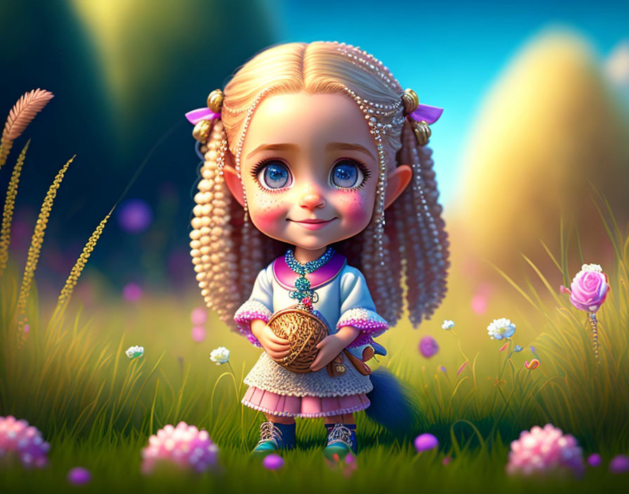 Young girl with blonde pigtails in flower-filled meadow at dusk