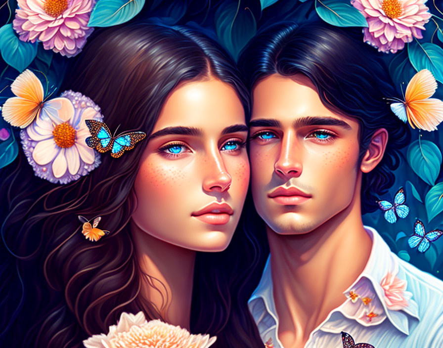 Man and woman with blue eyes in magical garden scene