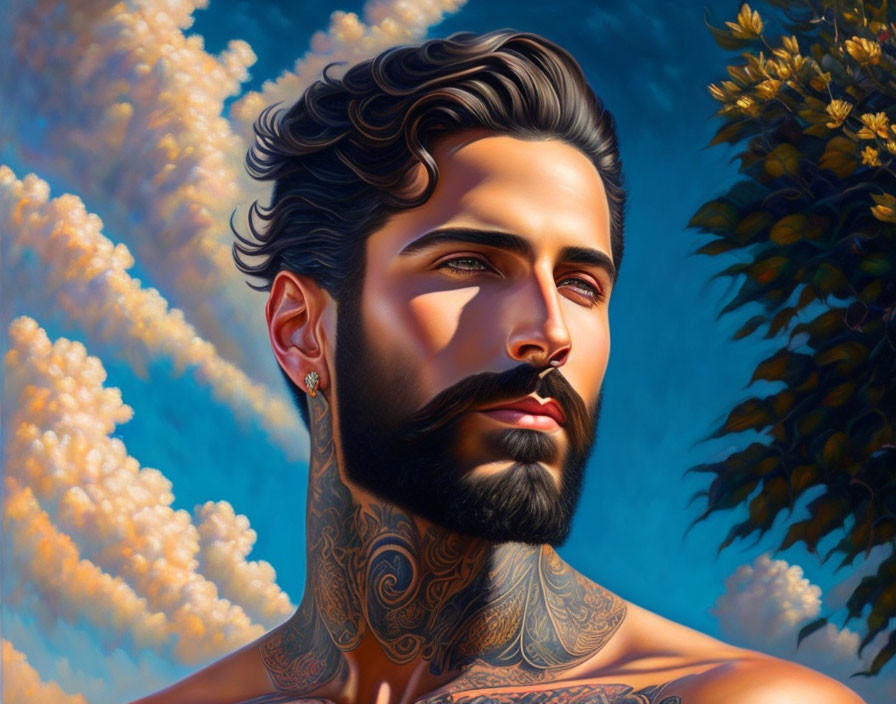 Man with Styled Hair, Beard, Tattoos, Earring Against Blue Sky