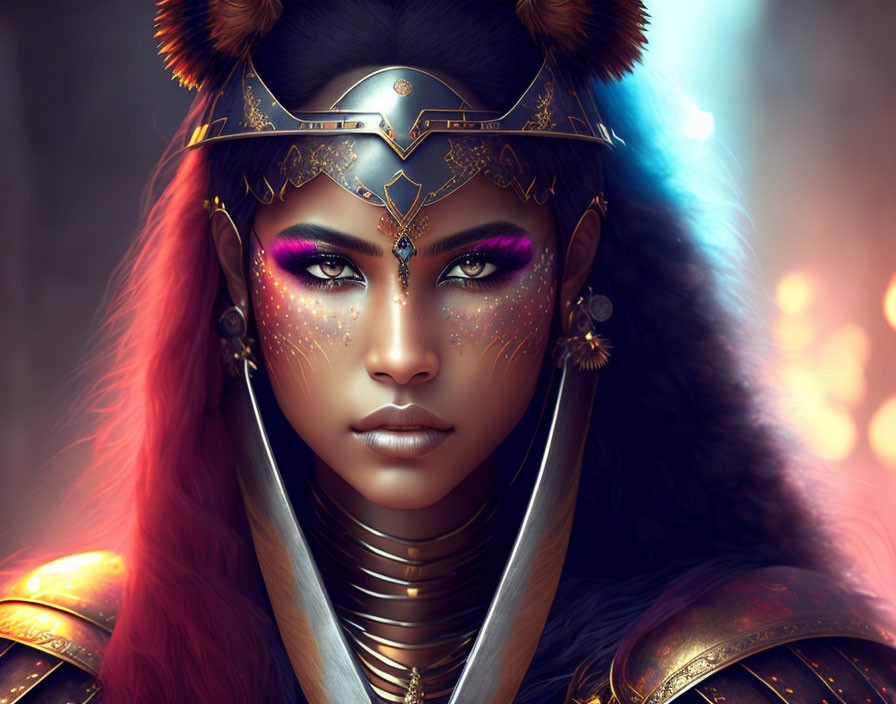 Digital artwork: Woman with violet eyes, golden headdress, ornate makeup, and armored attire in