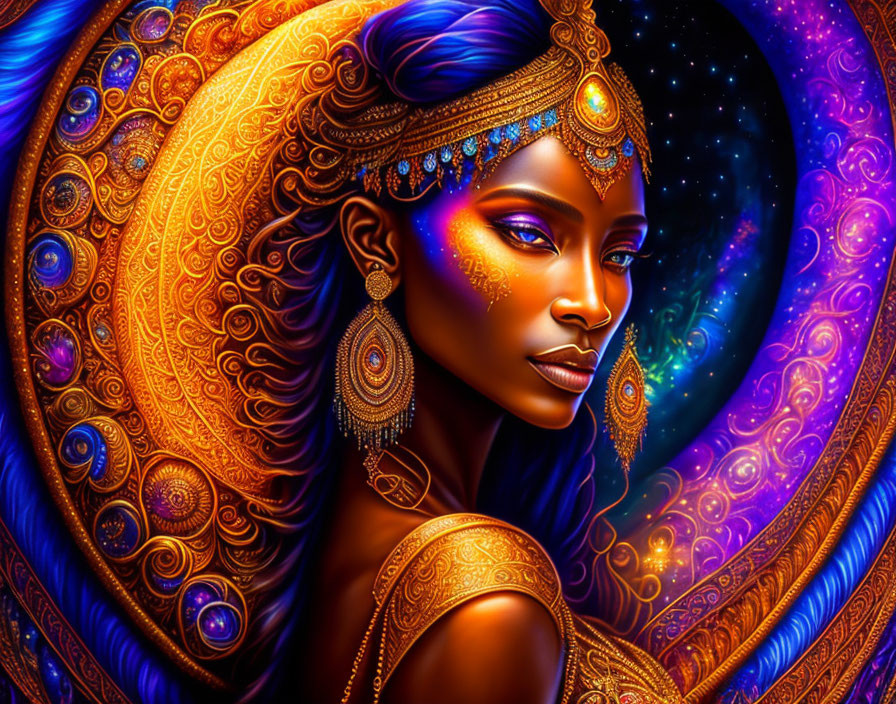 Digital artwork: Woman with golden jewelry in cosmic setting