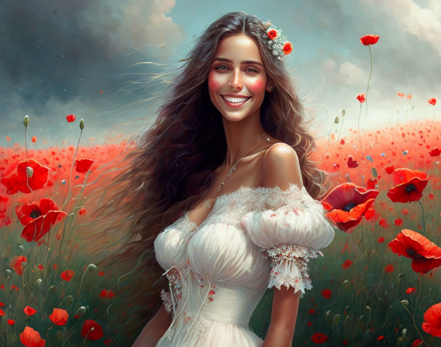 Smiling woman in white dress surrounded by poppy field