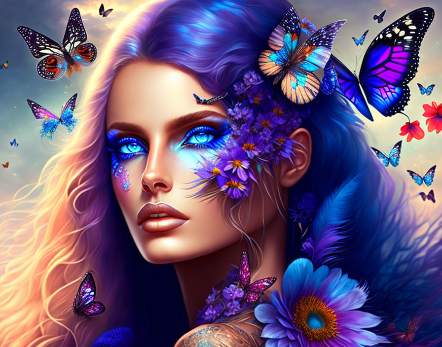 Digital artwork of a woman with blue hair and eyes, surrounded by butterflies and flowers.