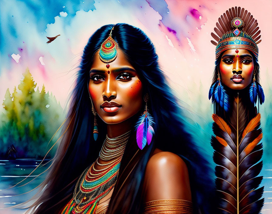 Stylized portraits of women with indigenous headpieces in colorful nature setting