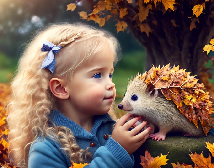 Curly Blonde Girl with Blue Bow Gazing at Autumn Hedgehog