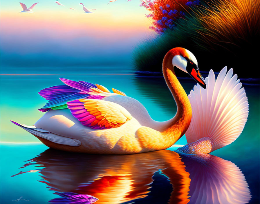 Vibrant swan digital art with colorful wings and sunset reflection