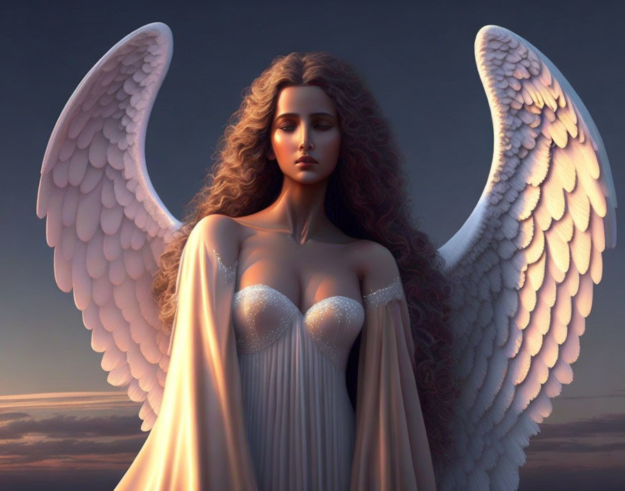 Ethereal artwork: Woman with angel wings in twilight sky