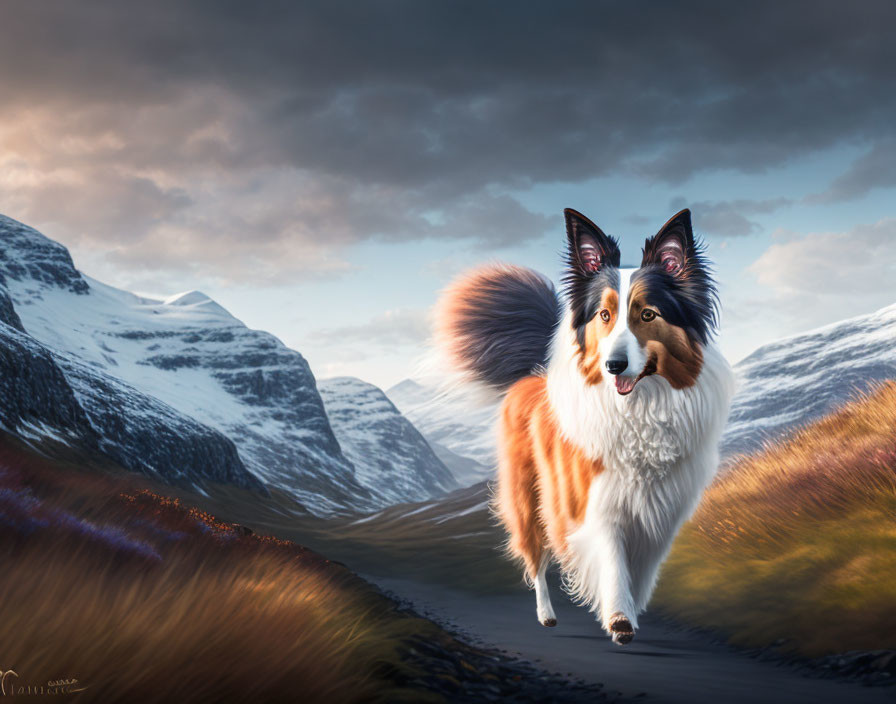 Fluffy Collie Dog Running on Mountain Path