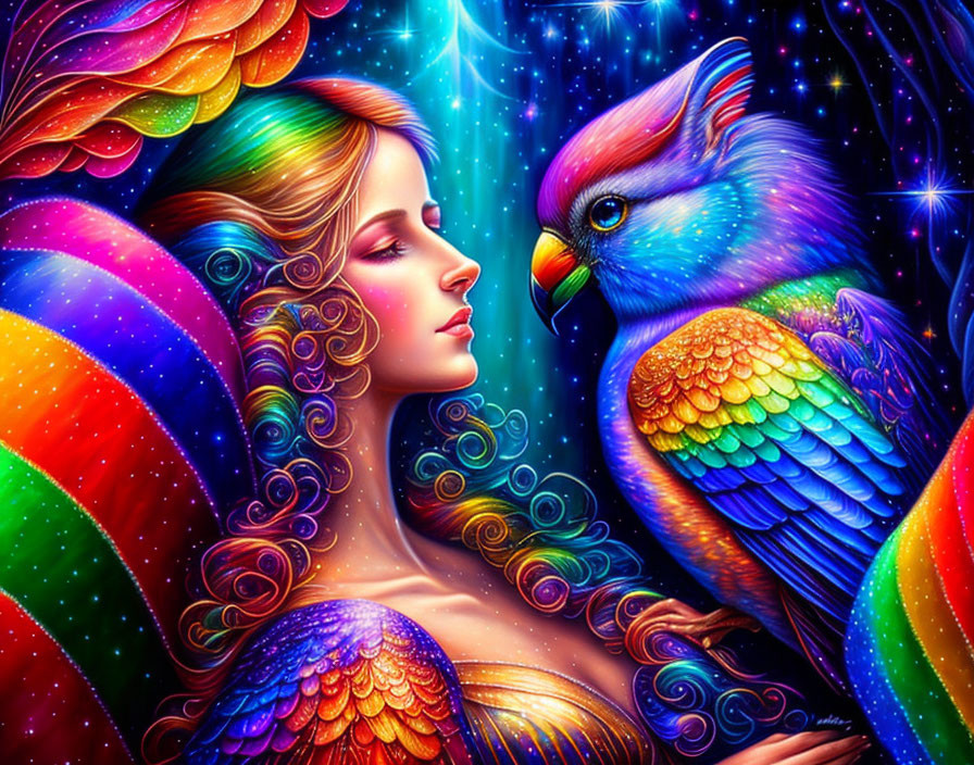 Colorful Illustration: Woman with Parrot in Rainbow Hues