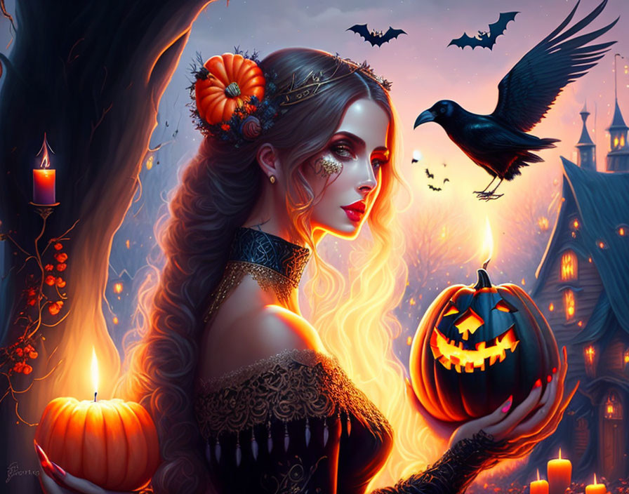 Woman with autumn-themed makeup holding a lit jack-o'-lantern in mystical candlelit setting with flying