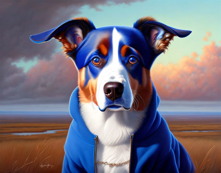 Realistic painting of a dog with blue eyes in hoodie and chain, under cloudy sky.