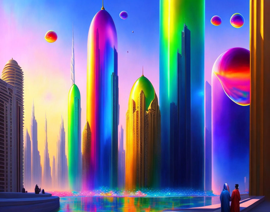 Futuristic cityscape with skyscrapers, colorful lighting, and floating bubbles observed by figures in