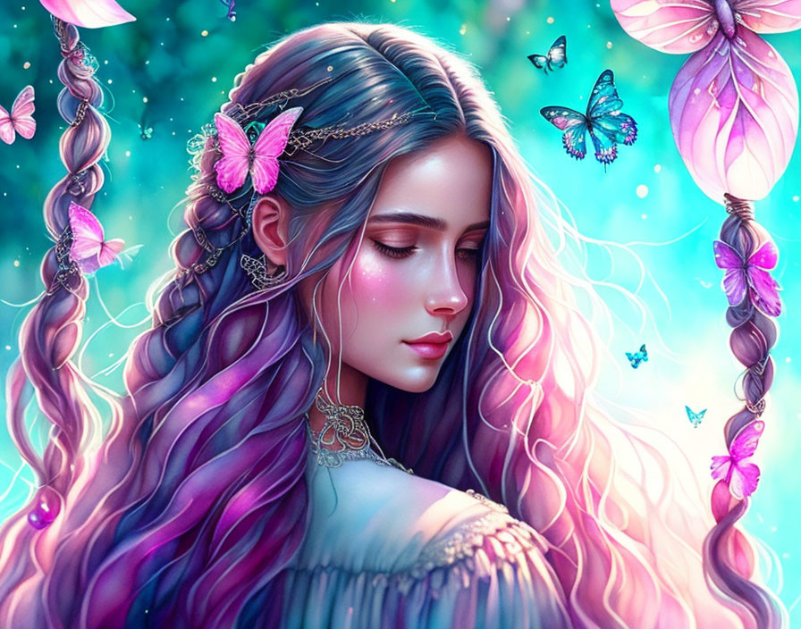 Illustrated woman with multicolored hair in magical floral setting