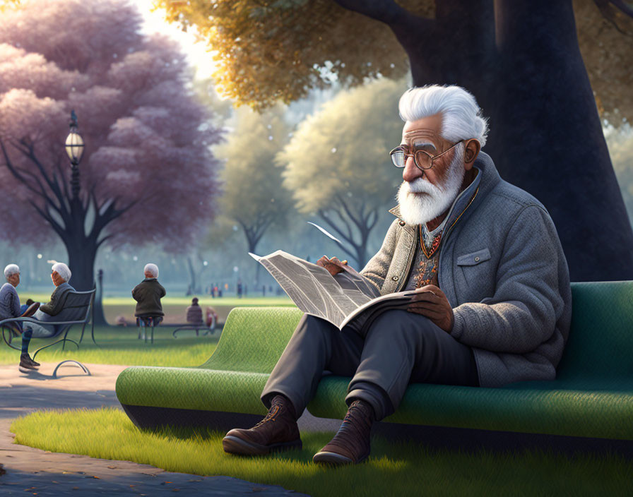 Elderly man with white hair reading newspaper on park bench