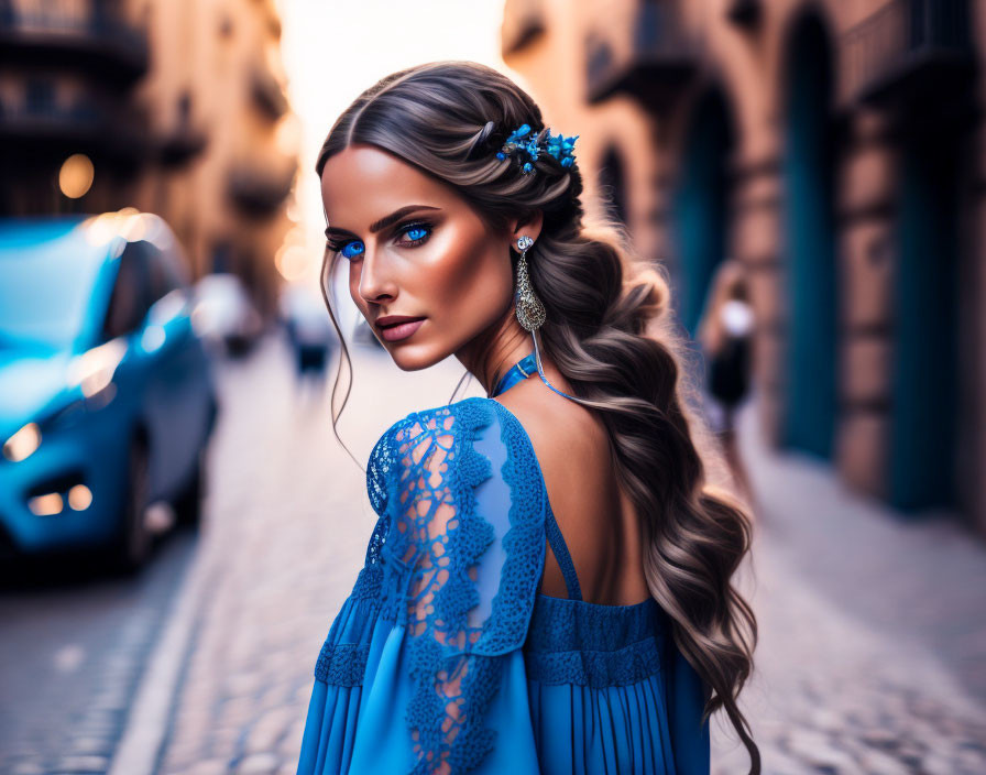 Styled Hair Woman in Blue Dress on City Street at Twilight